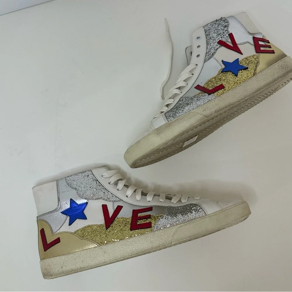 YSL Mid top sneaker with appliqué “Love” “Stars” and glitter panels 43.5 - Picture 3 of 12